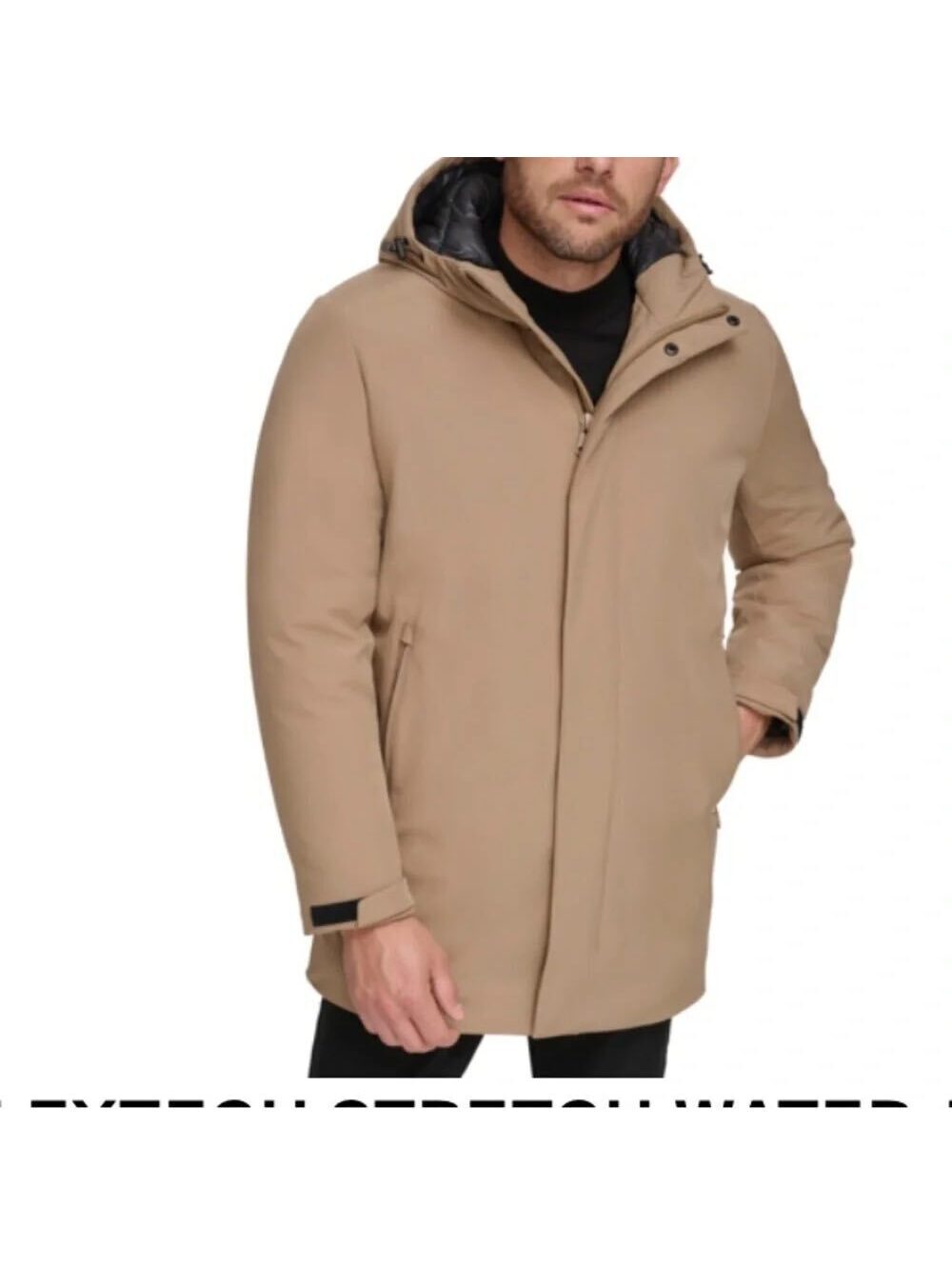 Calvin Klein-L-tan-zip and snaps, hooded, puffer coat/hooded stadium jacket